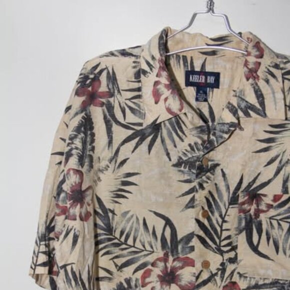 KEELER BAY Shirt Large Button up Tan and Burgundy Flower Beach Hawaiian Tropical - Picture 8 of 8